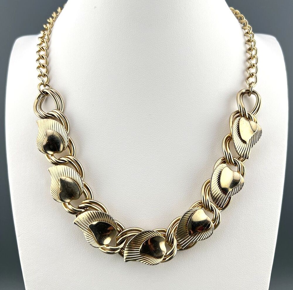Vintage Collar Necklace Gold Tone Leaf Link Textured Layered Chunky Retro 16"